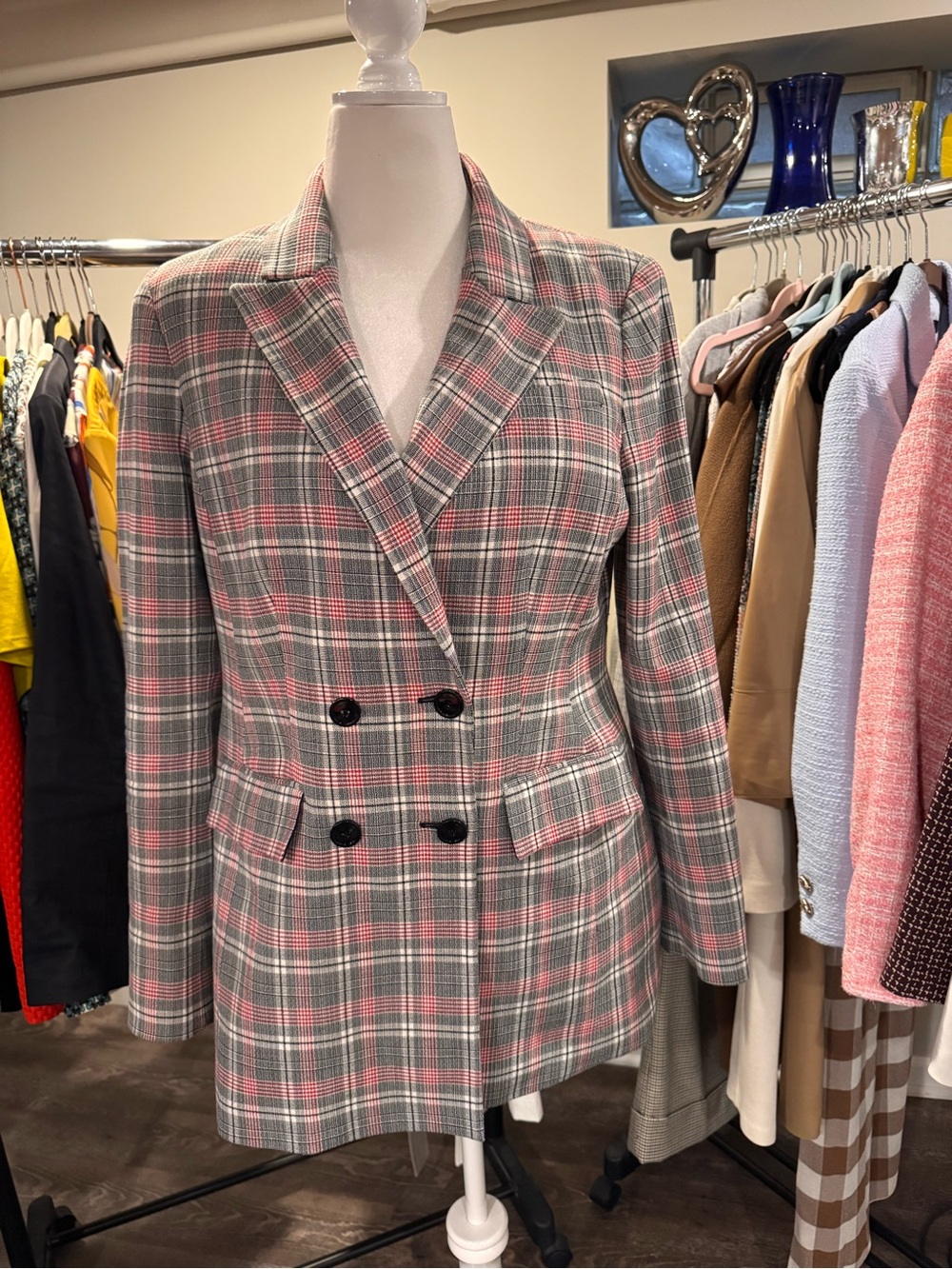 Worth Black, White, and Red Plaid Double-Breasted Blazer